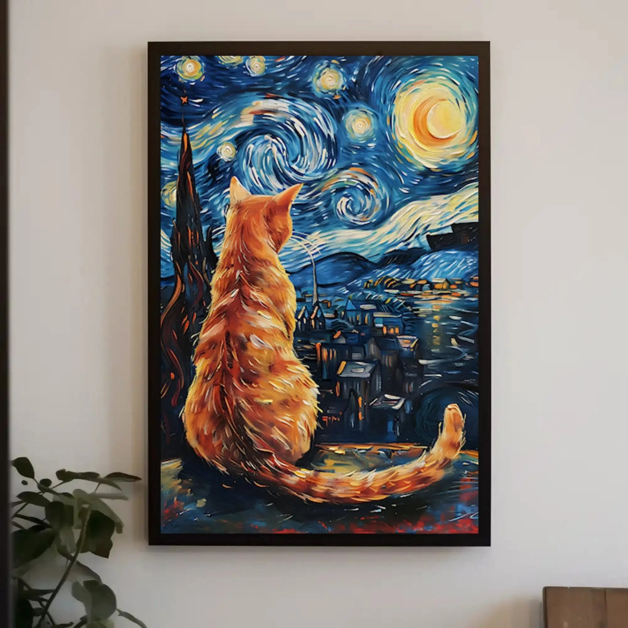 Orange Cat Starry Night-Inspired Artistic Poster PosterGoat
