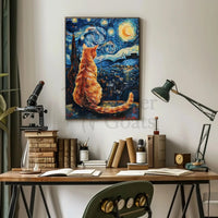Orange Cat Starry Night-Inspired Artistic Poster PosterGoat