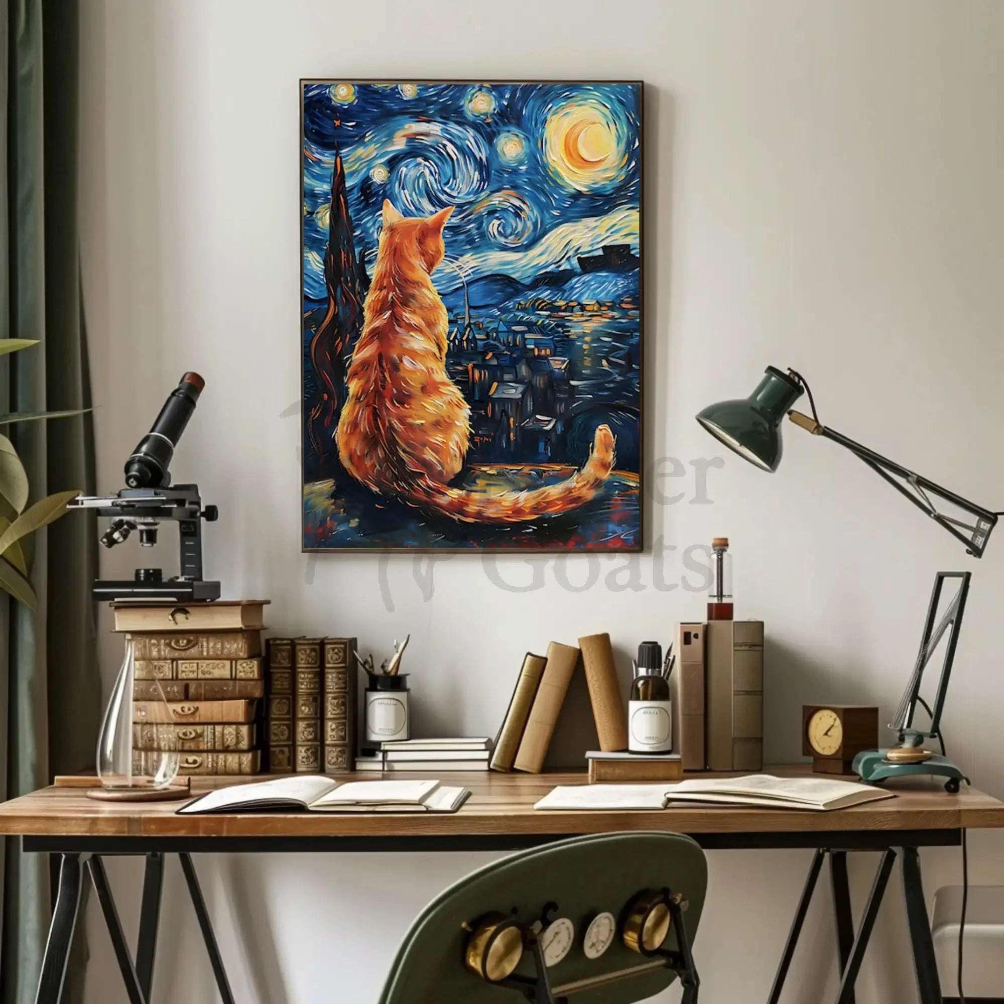 Orange Cat Starry Night-Inspired Artistic Poster PosterGoat