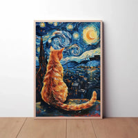 Orange Cat Starry Night-Inspired Artistic Poster PosterGoat