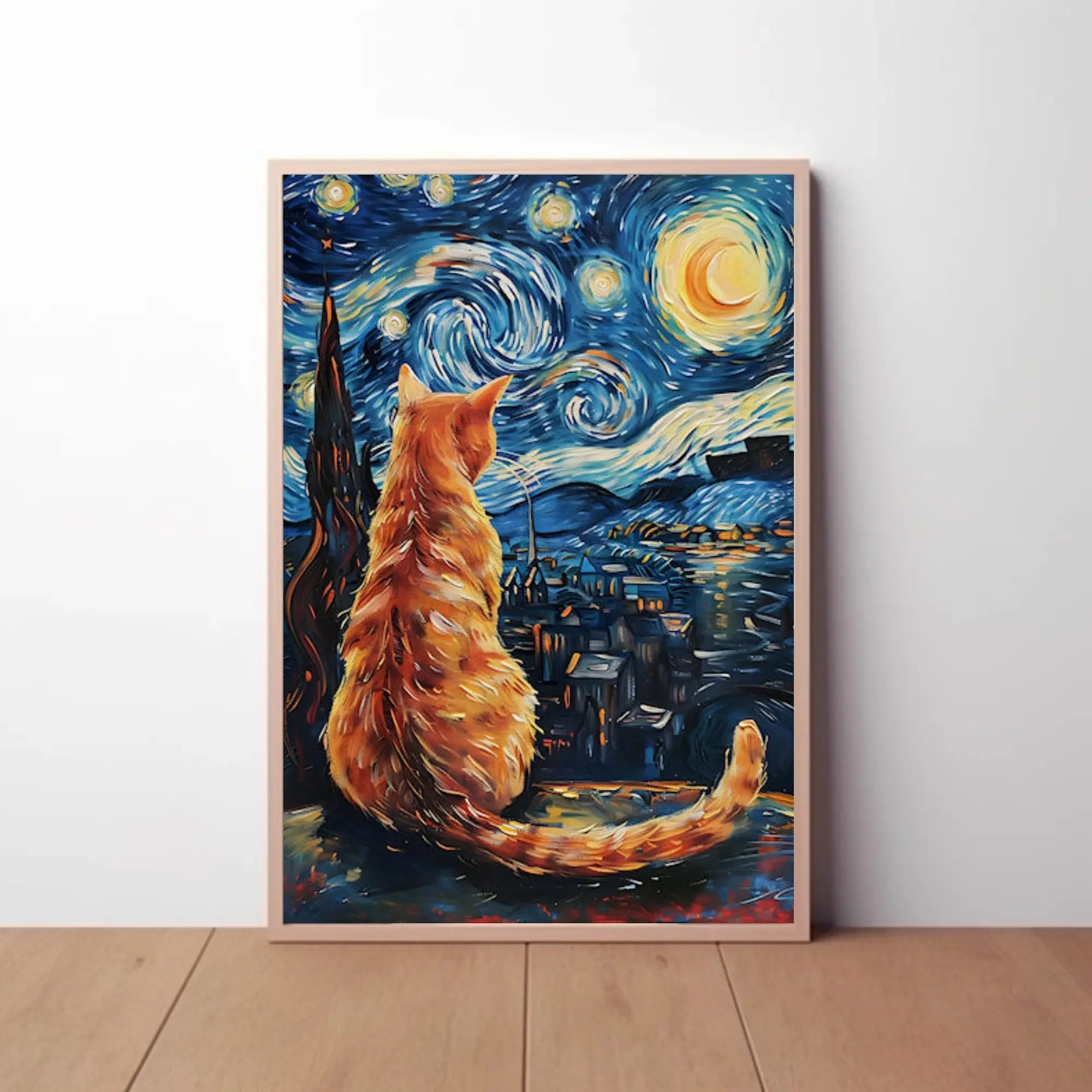 Orange Cat Starry Night-Inspired Artistic Poster PosterGoat