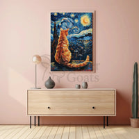 Orange Cat Starry Night-Inspired Artistic Poster PosterGoat