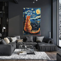 Orange Cat Starry Night-Inspired Artistic Poster PosterGoat
