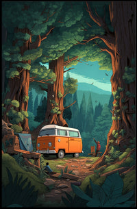 Orange Van in Majestic Forest Scene Travel Poster PosterGoat
