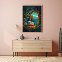 Orange Van in Majestic Forest Scene Travel Poster PosterGoat