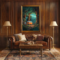 Orange Van in Majestic Forest Scene Travel Poster PosterGoat