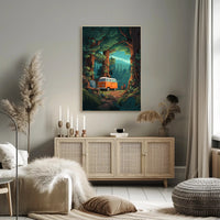 Orange Van in Majestic Forest Scene Travel Poster PosterGoat