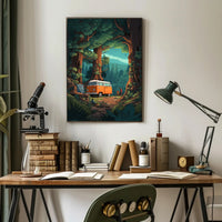 Orange Van in Majestic Forest Scene Travel Poster PosterGoat