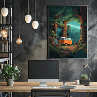 Orange Van in Majestic Forest Scene Travel Poster PosterGoat