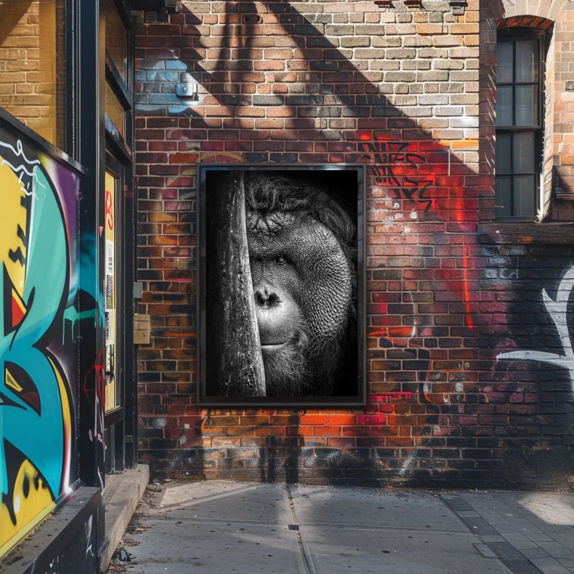 Orangutan Intrigue Photorealistic Black-and-White Animal Poster PosterGoat