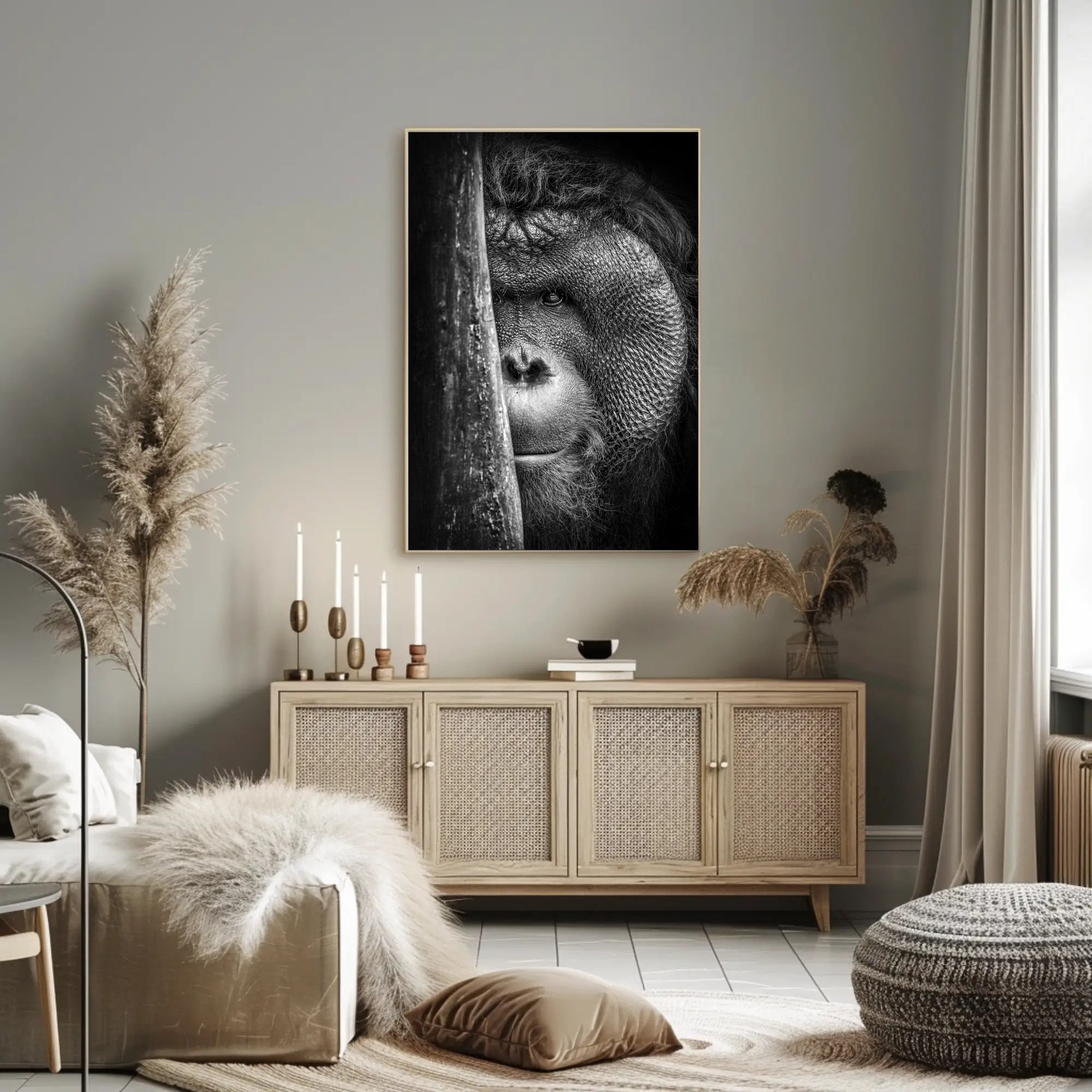 Orangutan Intrigue Photorealistic Black-and-White Animal Poster PosterGoat
