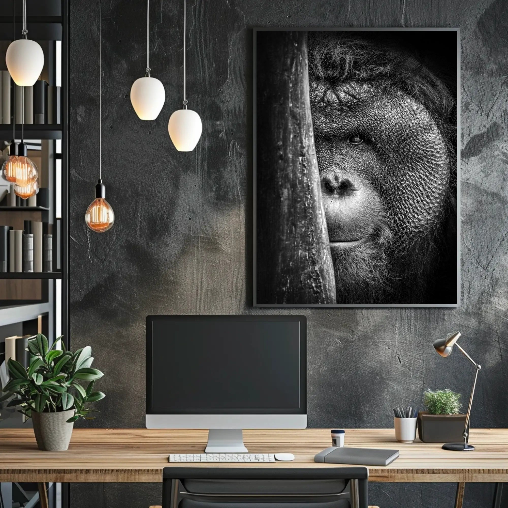 Orangutan Intrigue Photorealistic Black-and-White Animal Poster PosterGoat