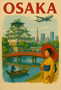 Osaka Castle Vintage Travel Poster by ArtDecor features iconic Osaka Castle, vibrant cultural scene, and Japan's heritage.