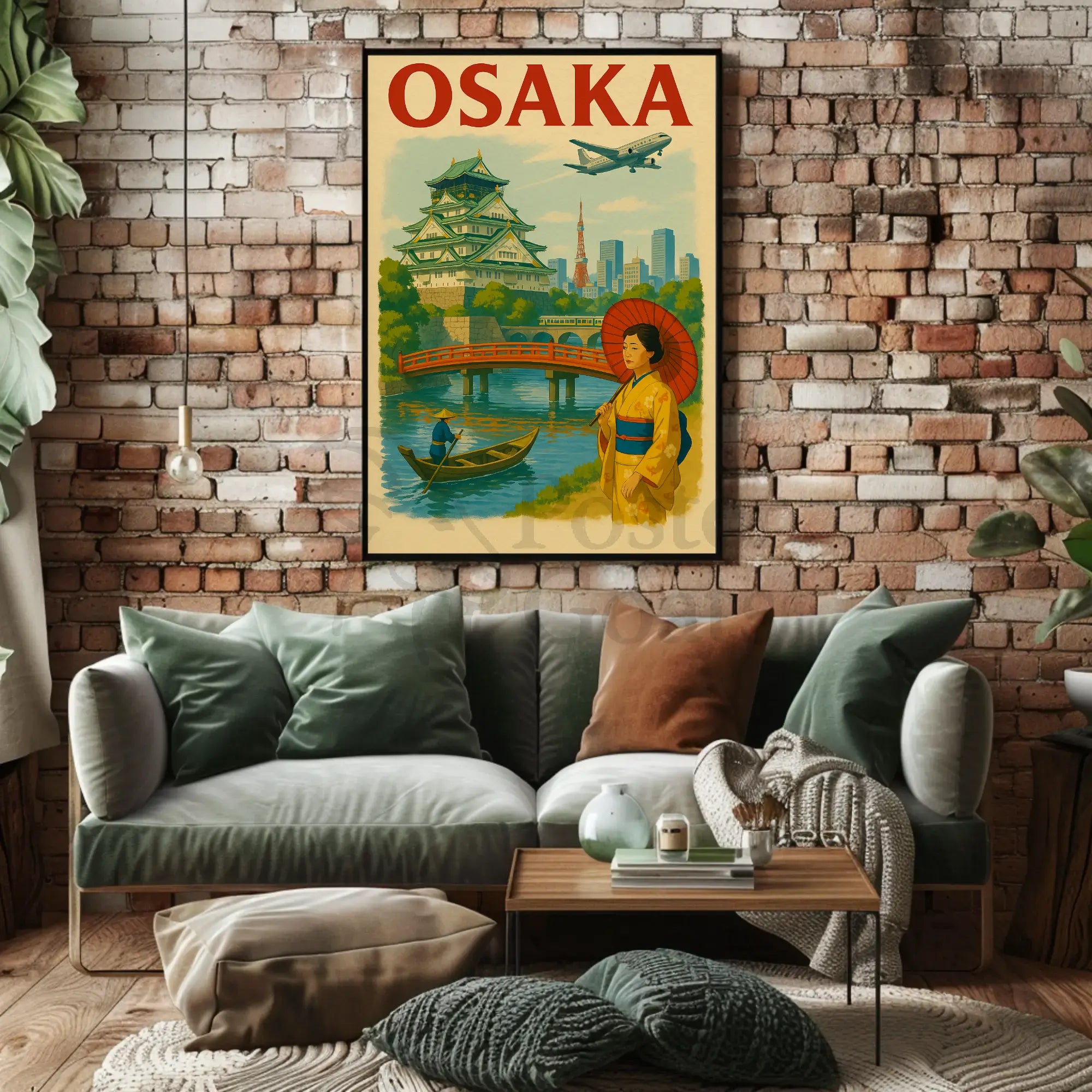 Osaka Castle Vintage Travel Poster by UrbanArt Decor features Japan’s iconic castle with vibrant cityscape and traditional elements.