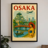 Osaka Castle Vintage Travel Poster by Mangusta captures Japan's cultural heritage with vibrant art and iconic imagery.