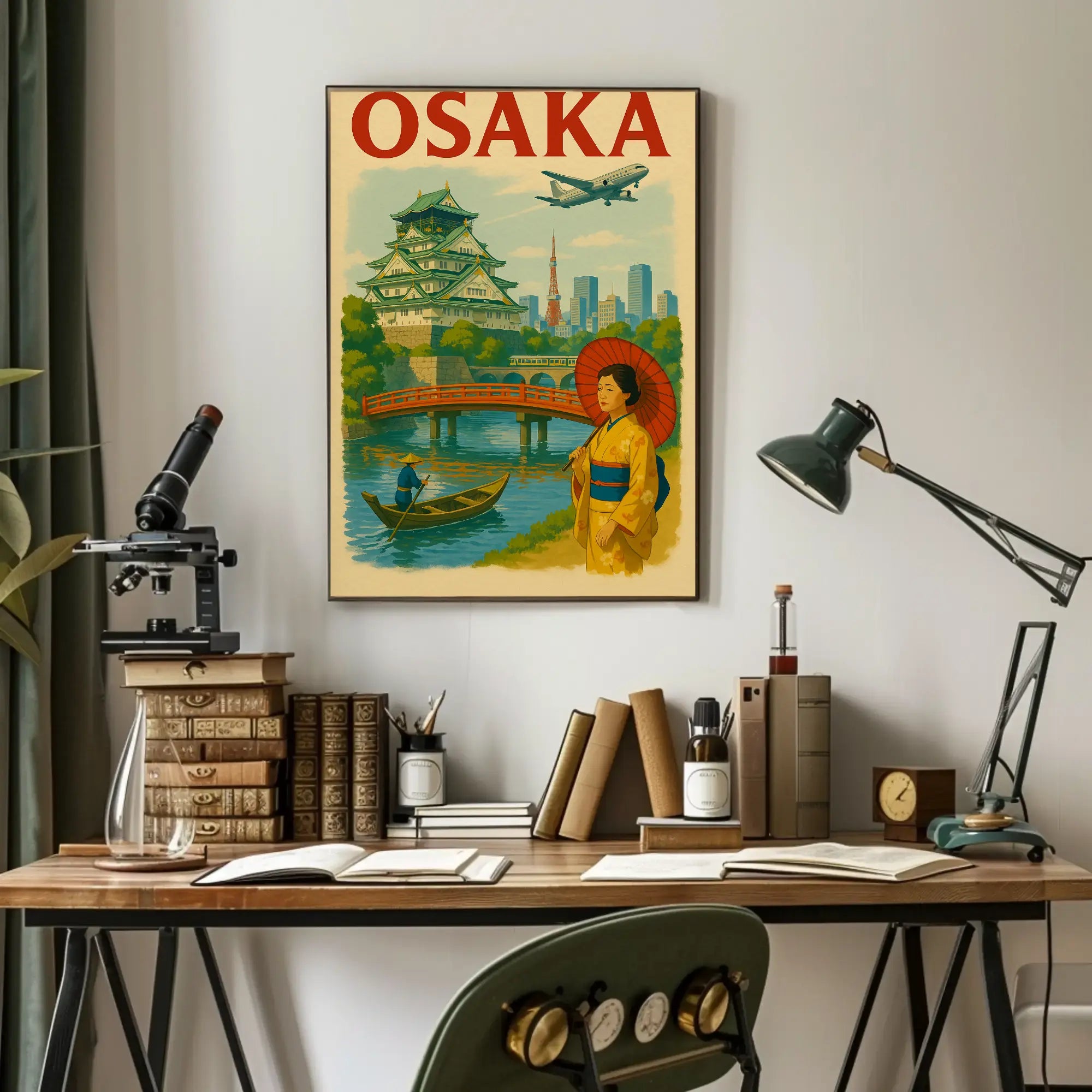 Osaka Castle Vintage Travel Poster by Artify shop showcasing Japan's iconic Osaka Castle and vibrant cultural heritage.