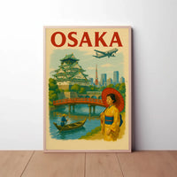 Osaka Castle Vintage Travel Poster by Tsukasa Design showcasing Japan’s iconic Osaka Castle, vibrant cityscape, and traditional woman.