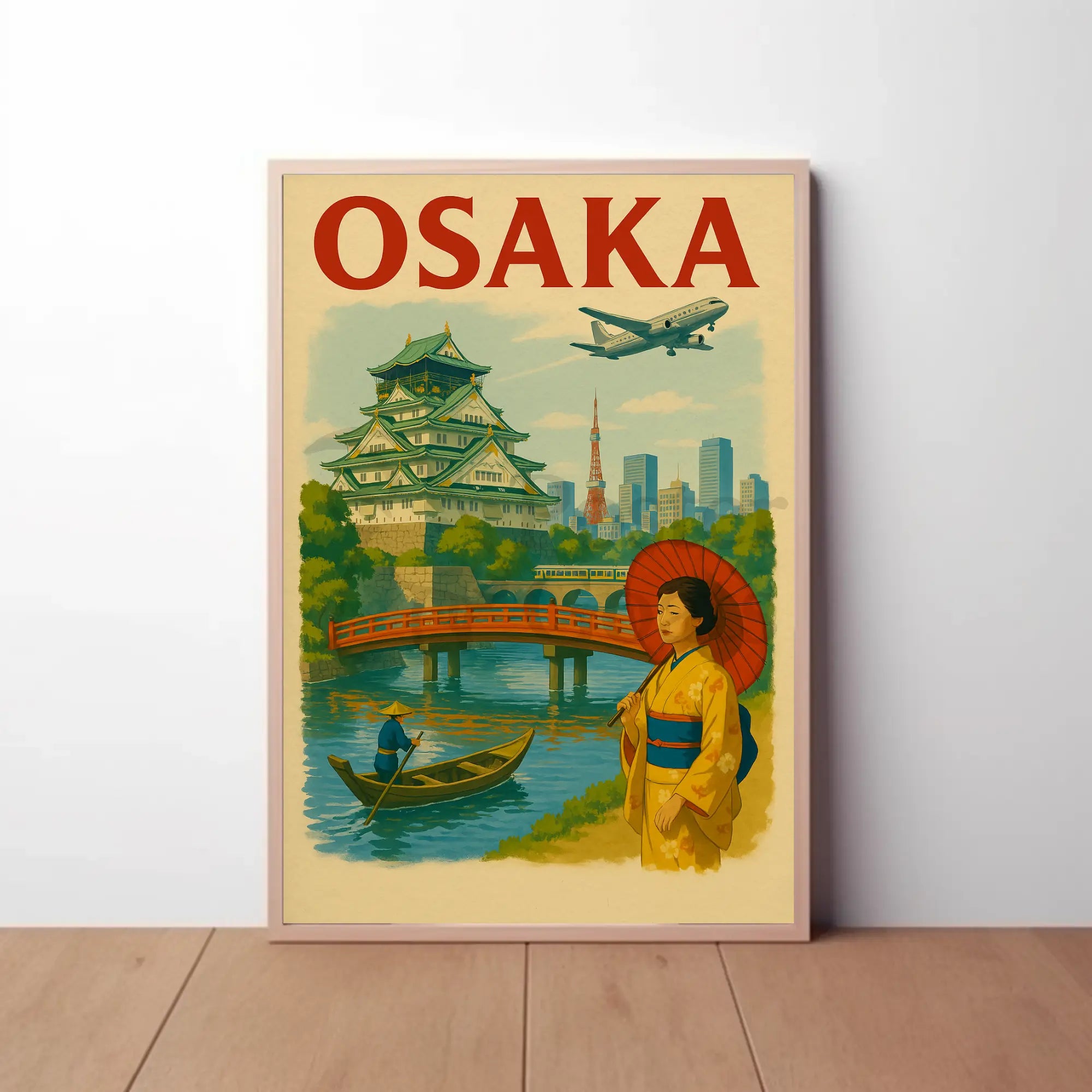 Osaka Castle Vintage Travel Poster by Tsukasa Design showcasing Japan’s iconic Osaka Castle, vibrant cityscape, and traditional woman.