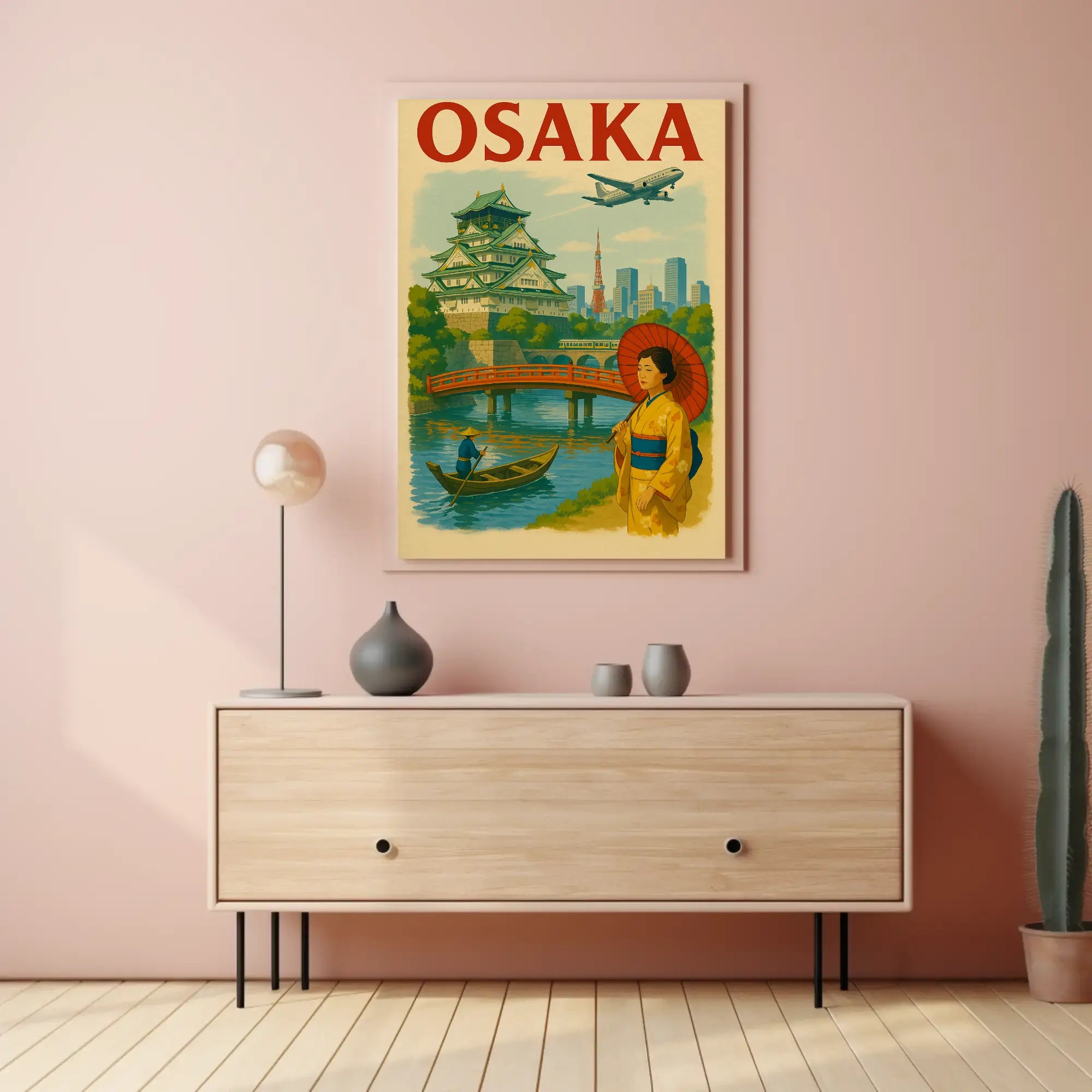 Osaka Castle Vintage Travel Poster by WowPrints showcasing Japan's iconic Osaka Castle with vibrant scenery.