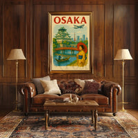 Osaka Castle Vintage Travel Poster by JapanCraft showcases iconic Osaka Castle with vibrant colors, perfect for home decor.