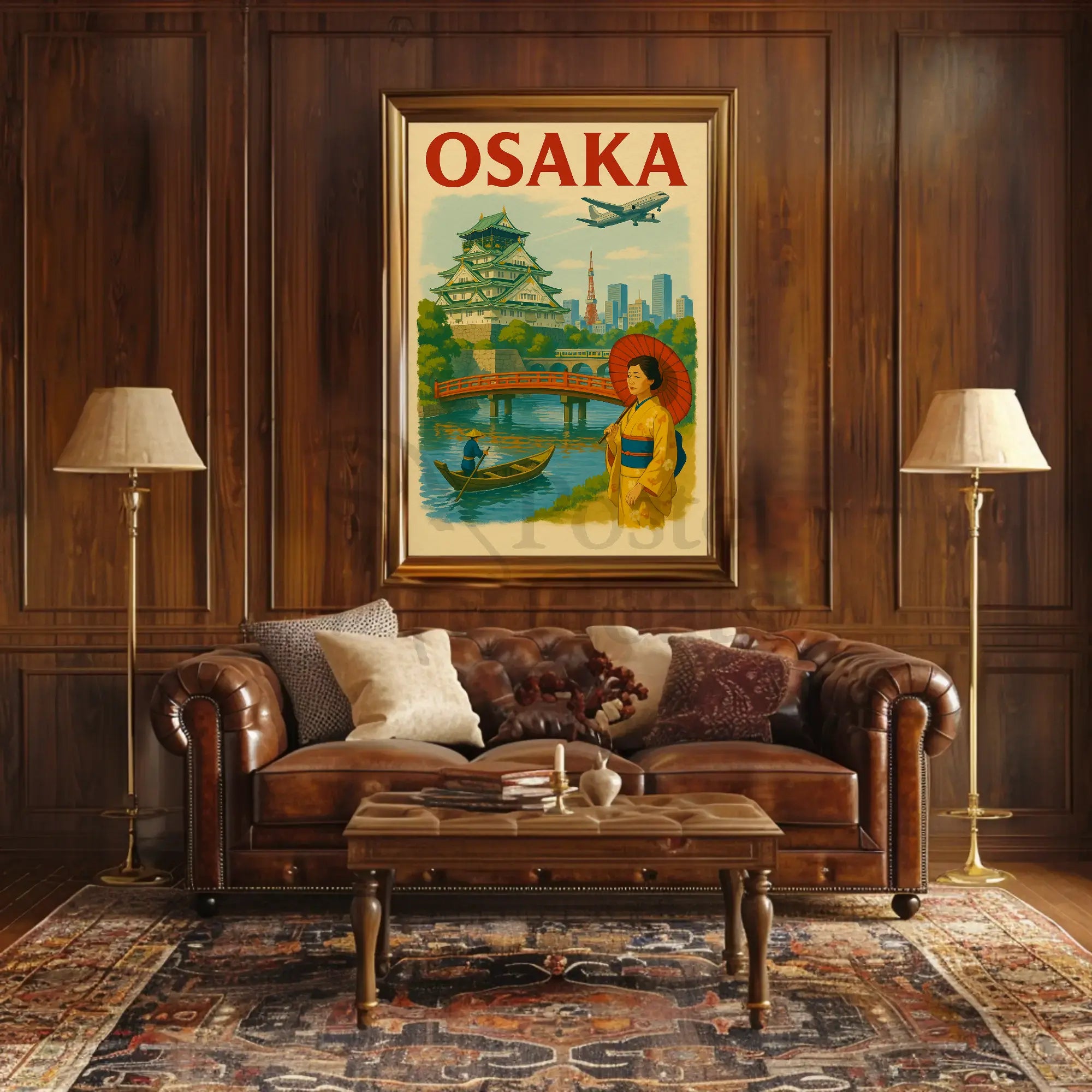 Osaka Castle Vintage Travel Poster by JapanCraft showcases iconic Osaka Castle with vibrant colors, perfect for home decor.