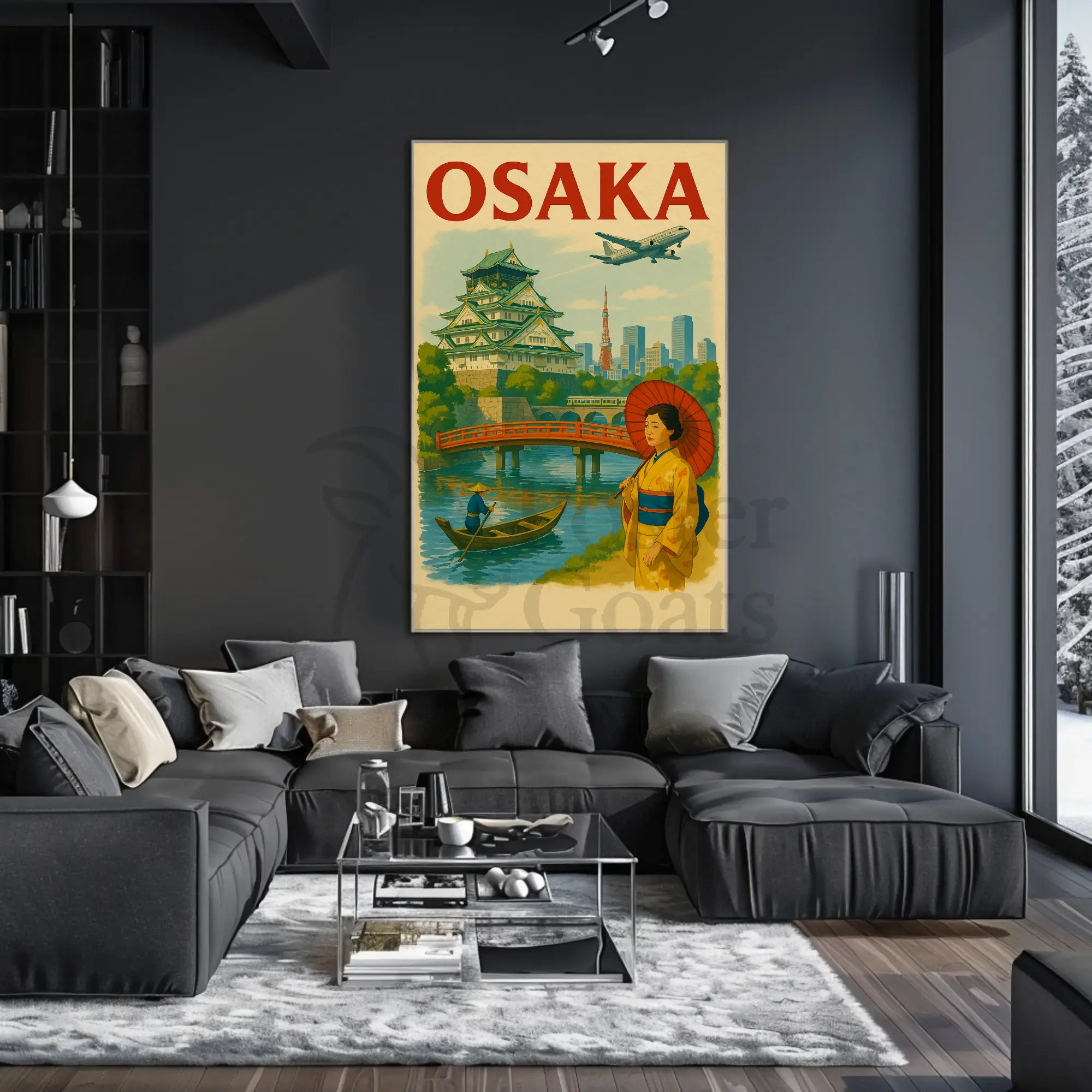 Osaka Castle Vintage Travel Poster by ArtDecorShop featuring iconic Osaka Castle and vibrant Japanese cultural elements.