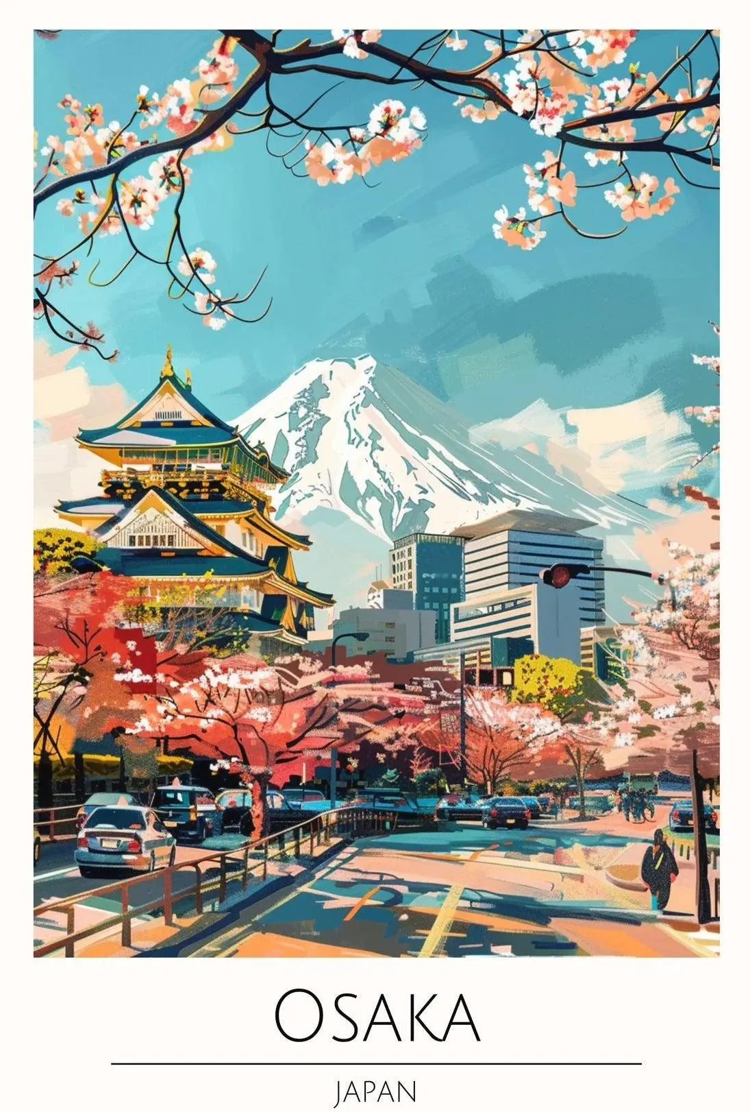 Osaka Skyline with Castle and Cherry Blossoms Travel Poster PosterGoat