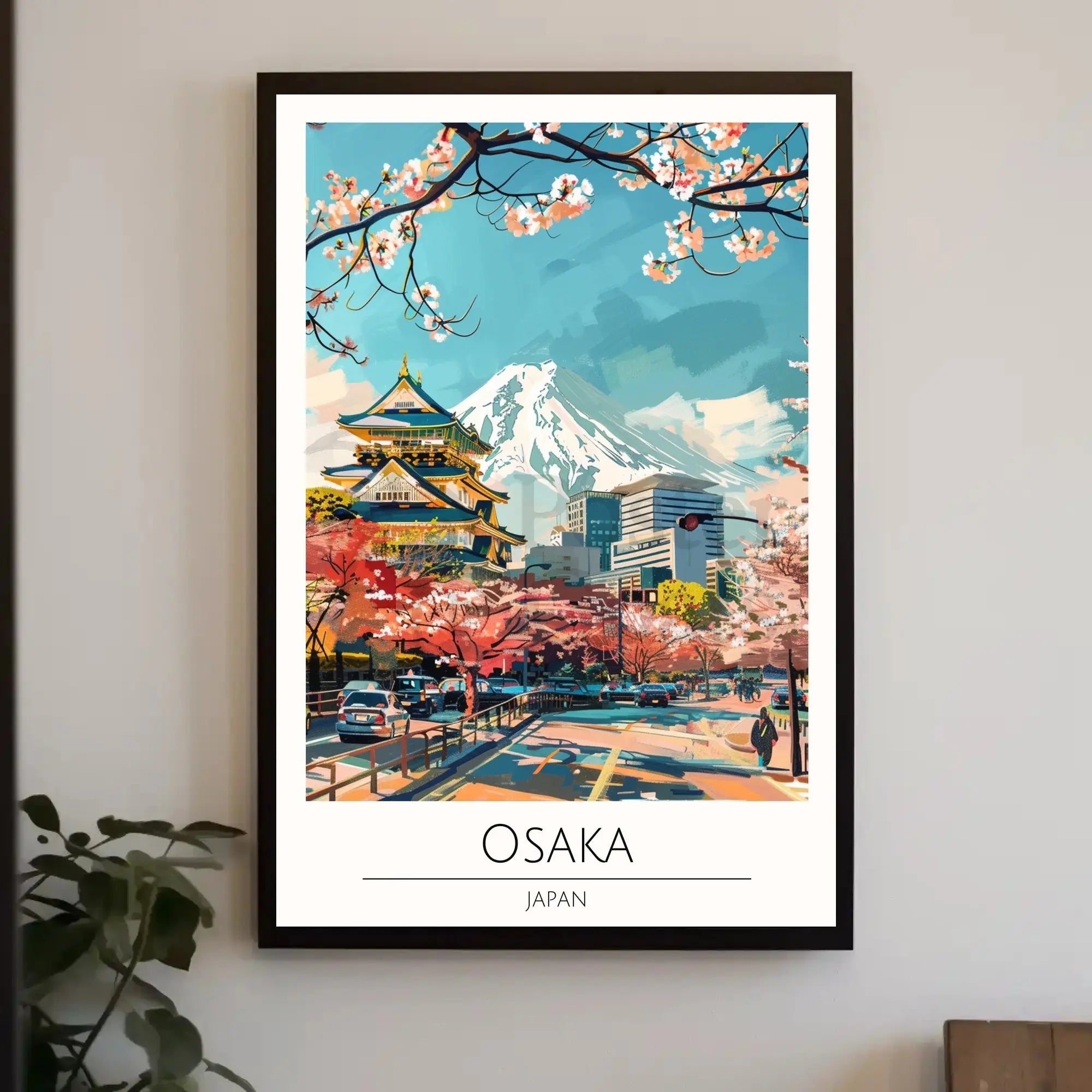 Osaka Skyline with Castle and Cherry Blossoms Travel Poster PosterGoat
