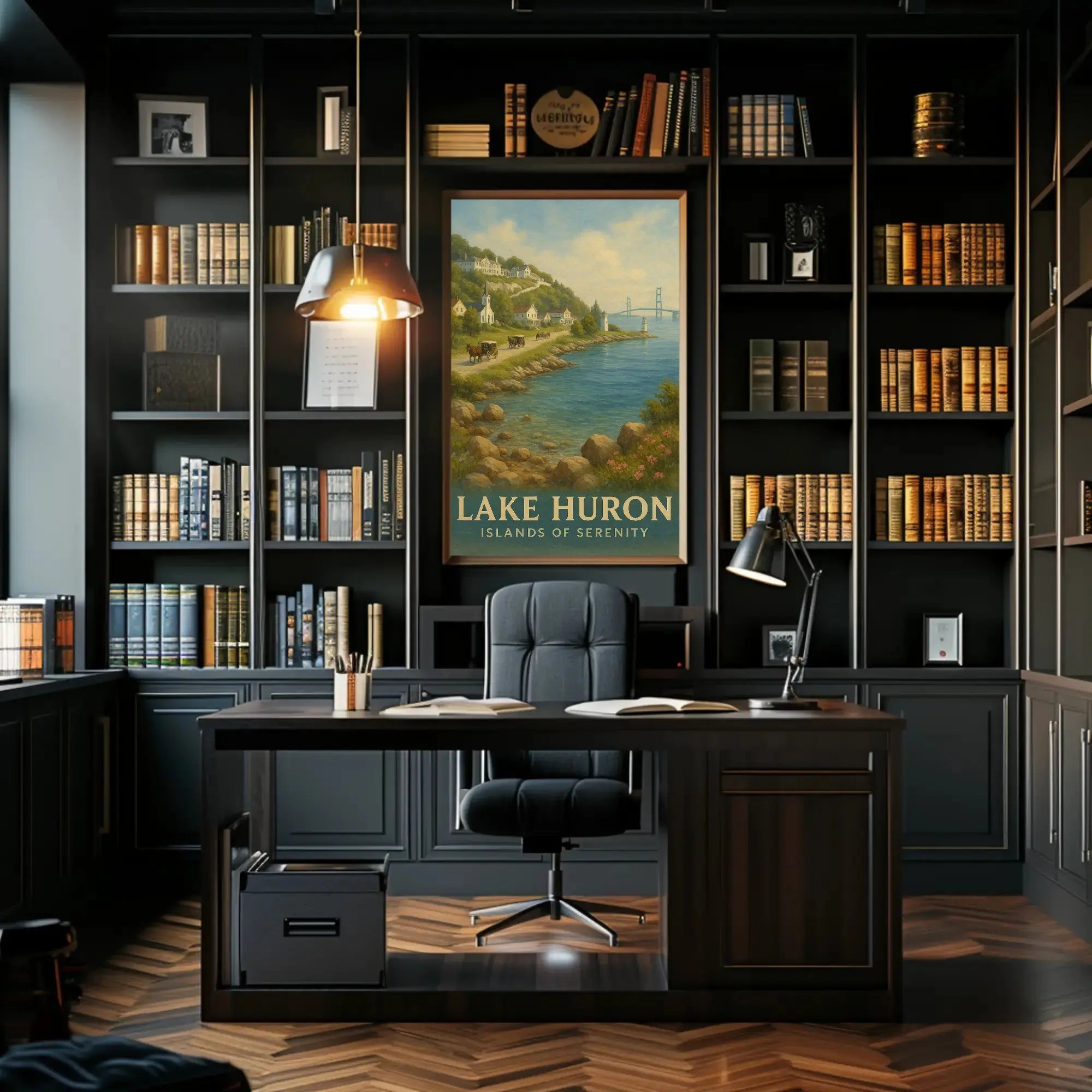 Painting of River with Bridge Poster Art Print PosterGoat