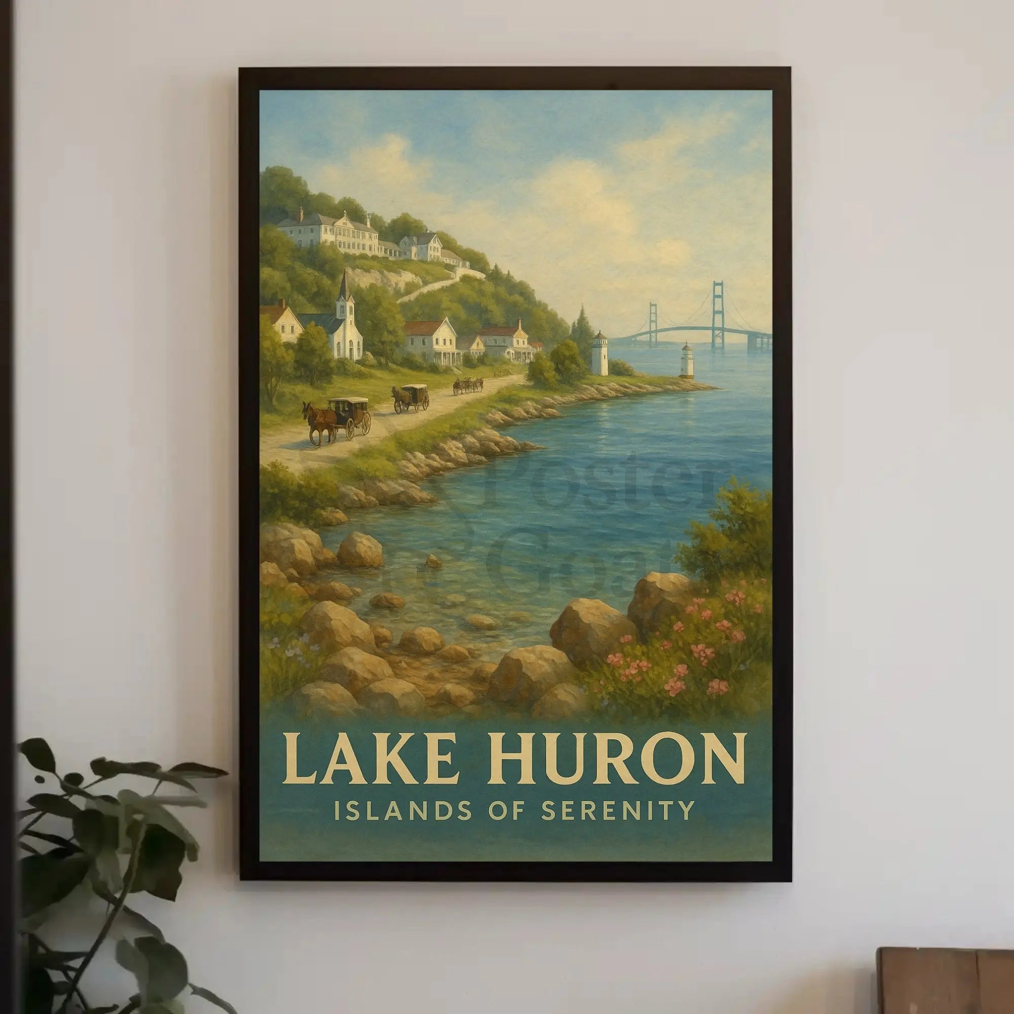 Painting of River with Bridge Poster Art Print PosterGoat