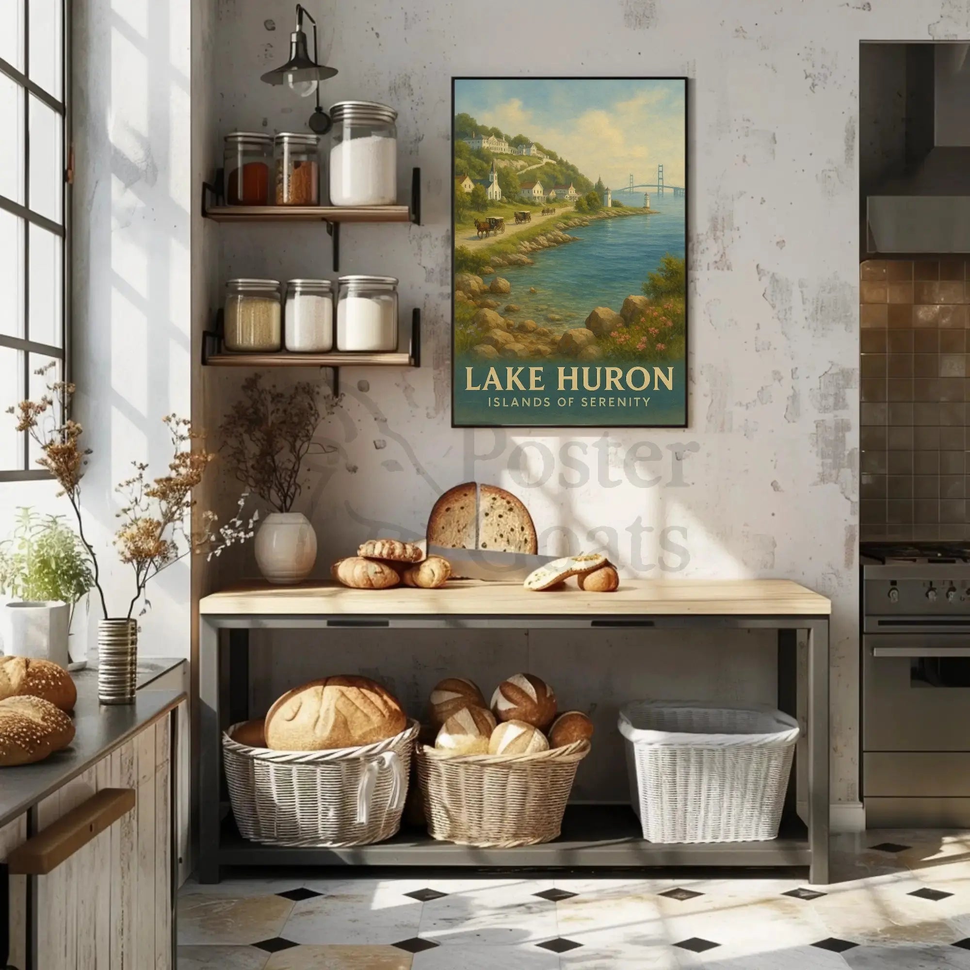 Painting of River with Bridge Poster Art Print PosterGoat