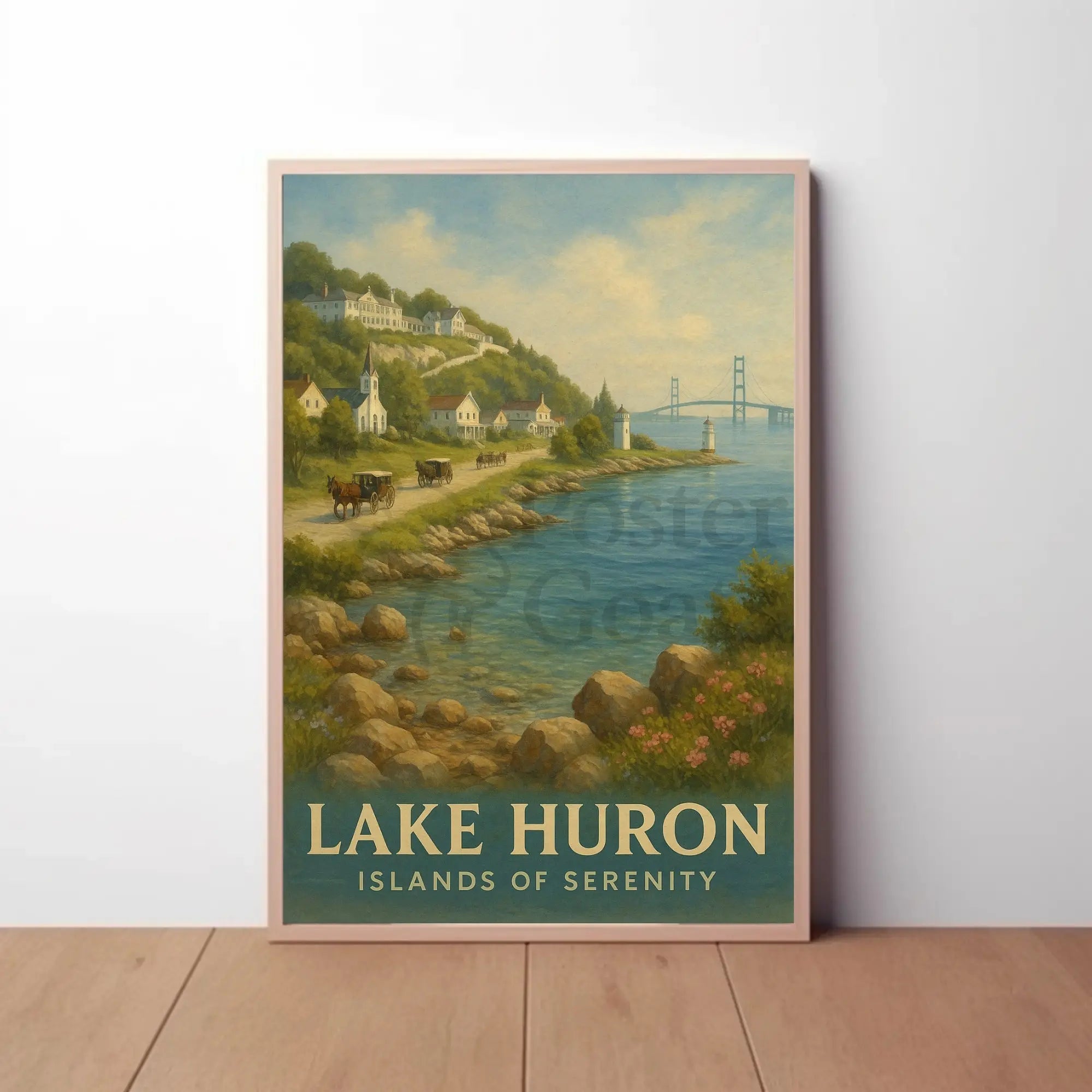 Painting of River with Bridge Poster Art Print PosterGoat