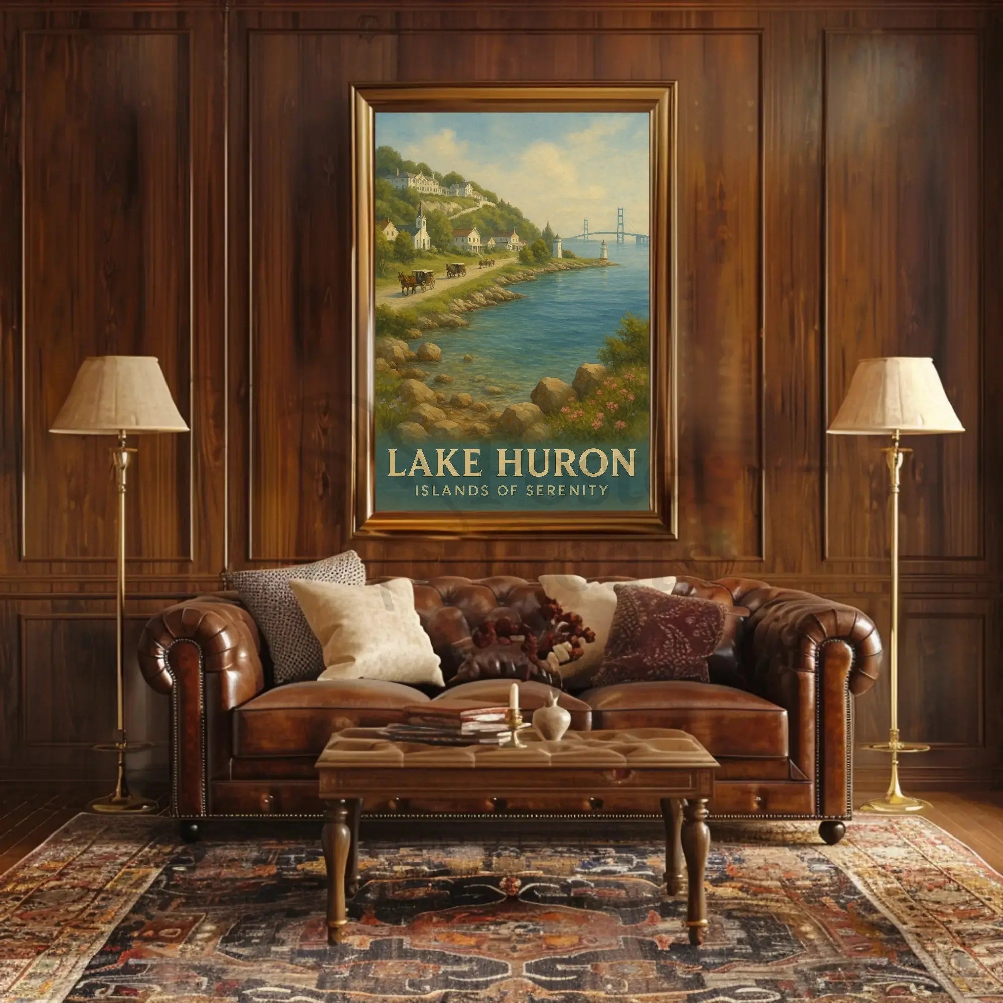 Painting of River with Bridge Poster Art Print PosterGoat