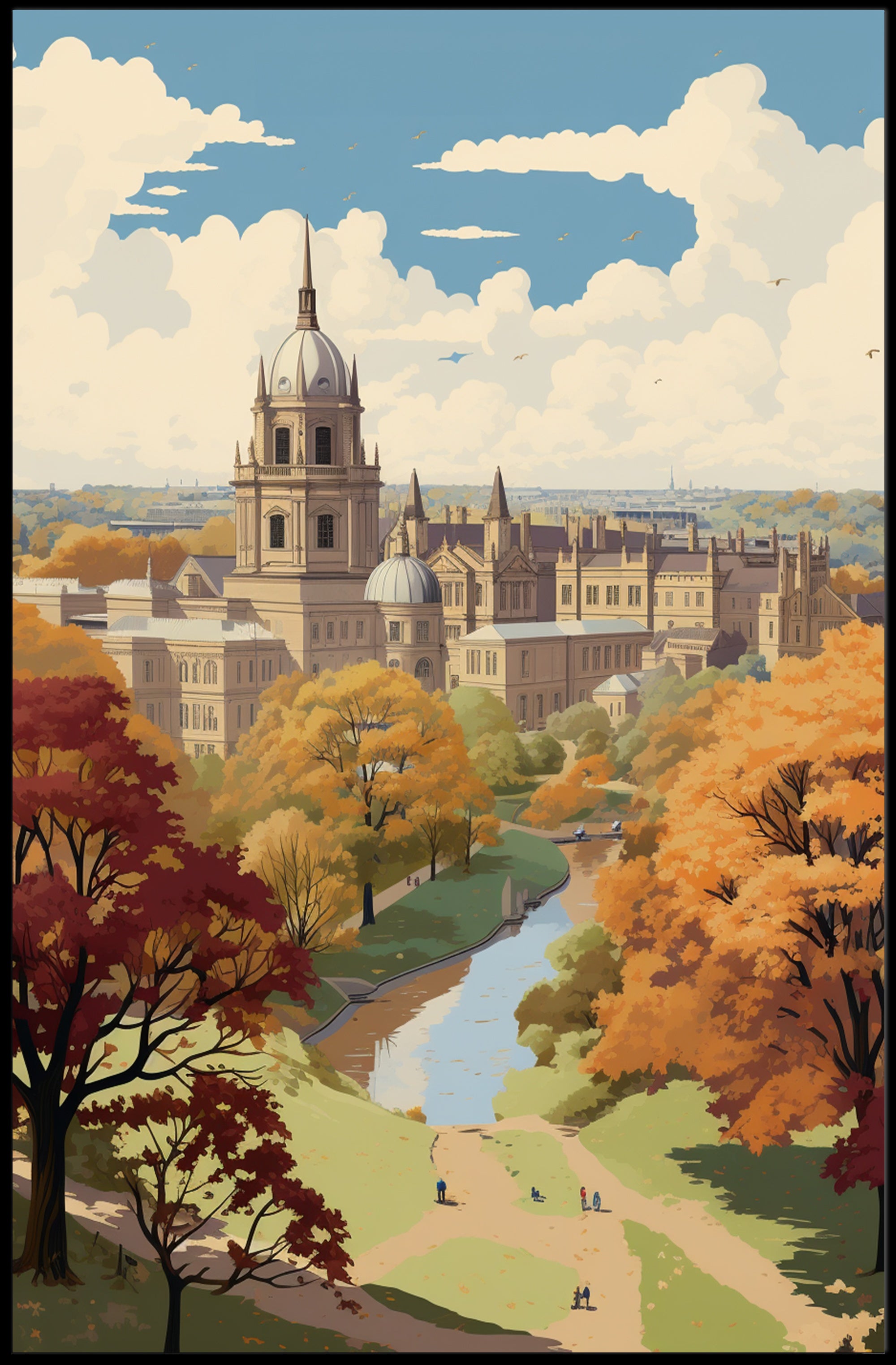 Picturesque Autumn in Iconic European University Cityscape Poster PosterGoat
