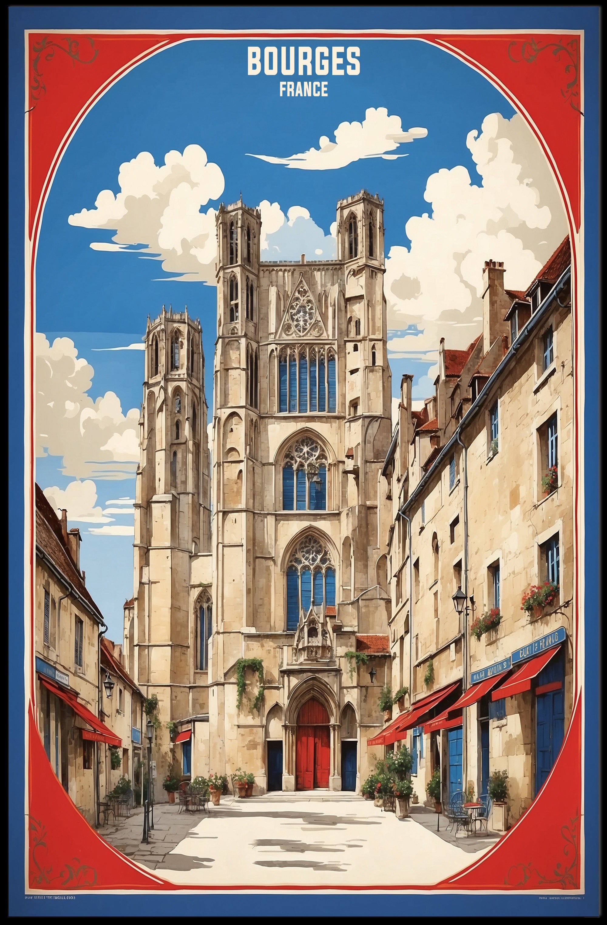 Picturesque Bourges Cathedral Street Scene Poster PosterGoat