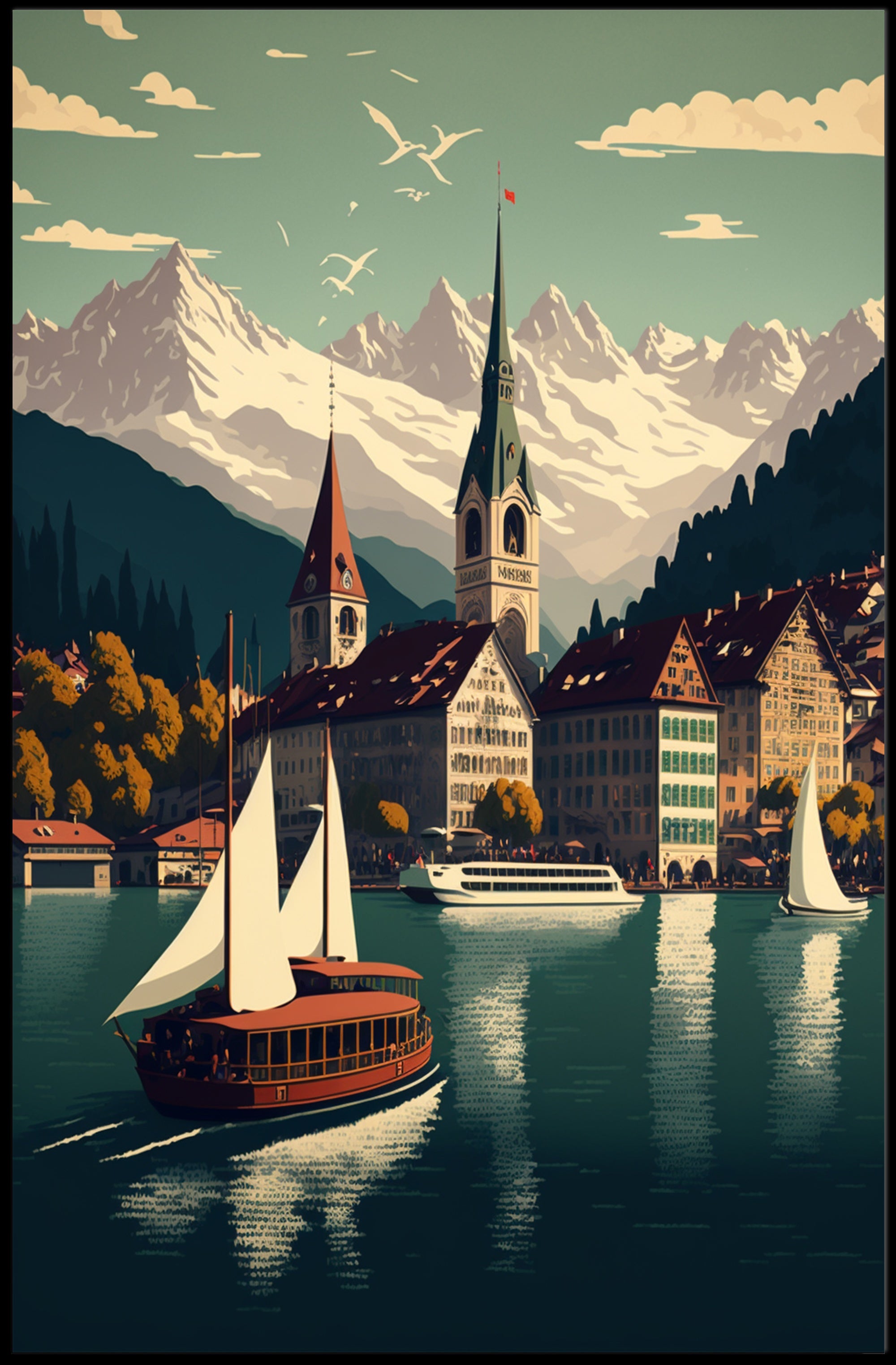 Picturesque European Lakeside Town Vintage Travel Poster PosterGoat