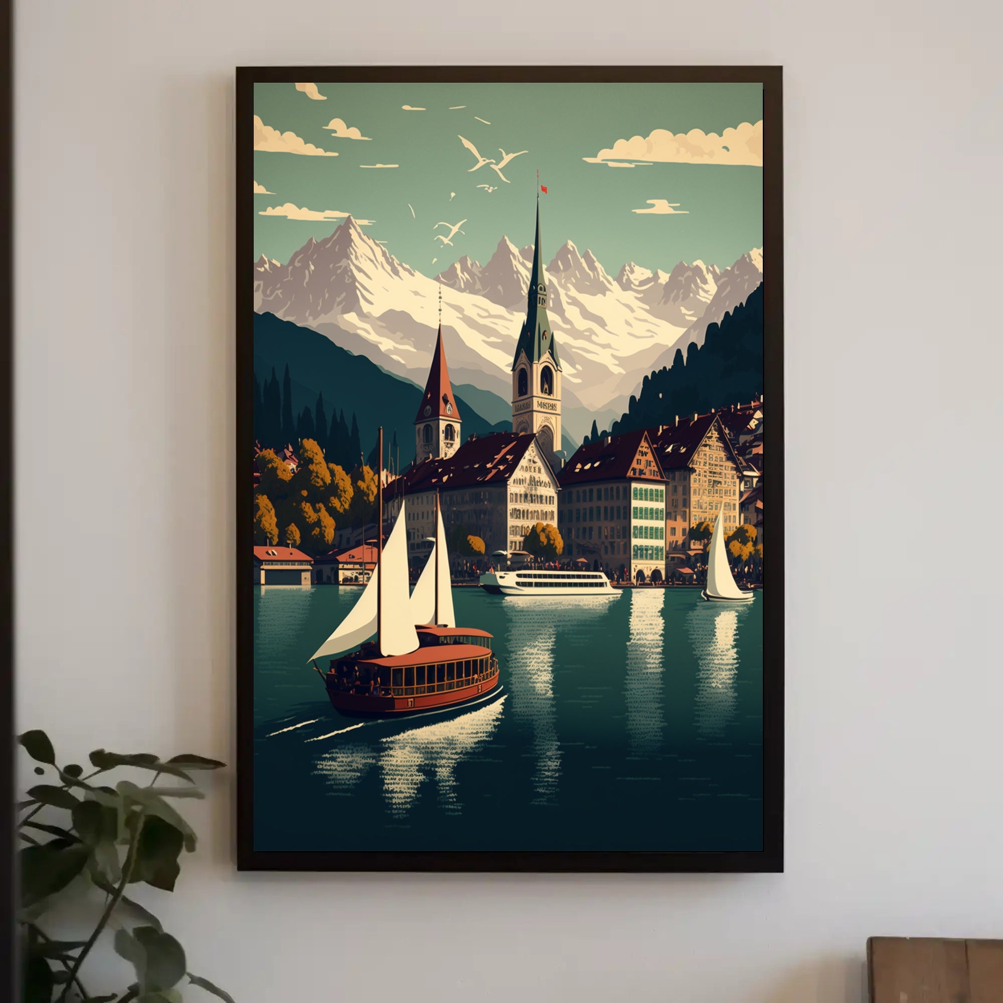 Picturesque European Lakeside Town Vintage Travel Poster PosterGoat
