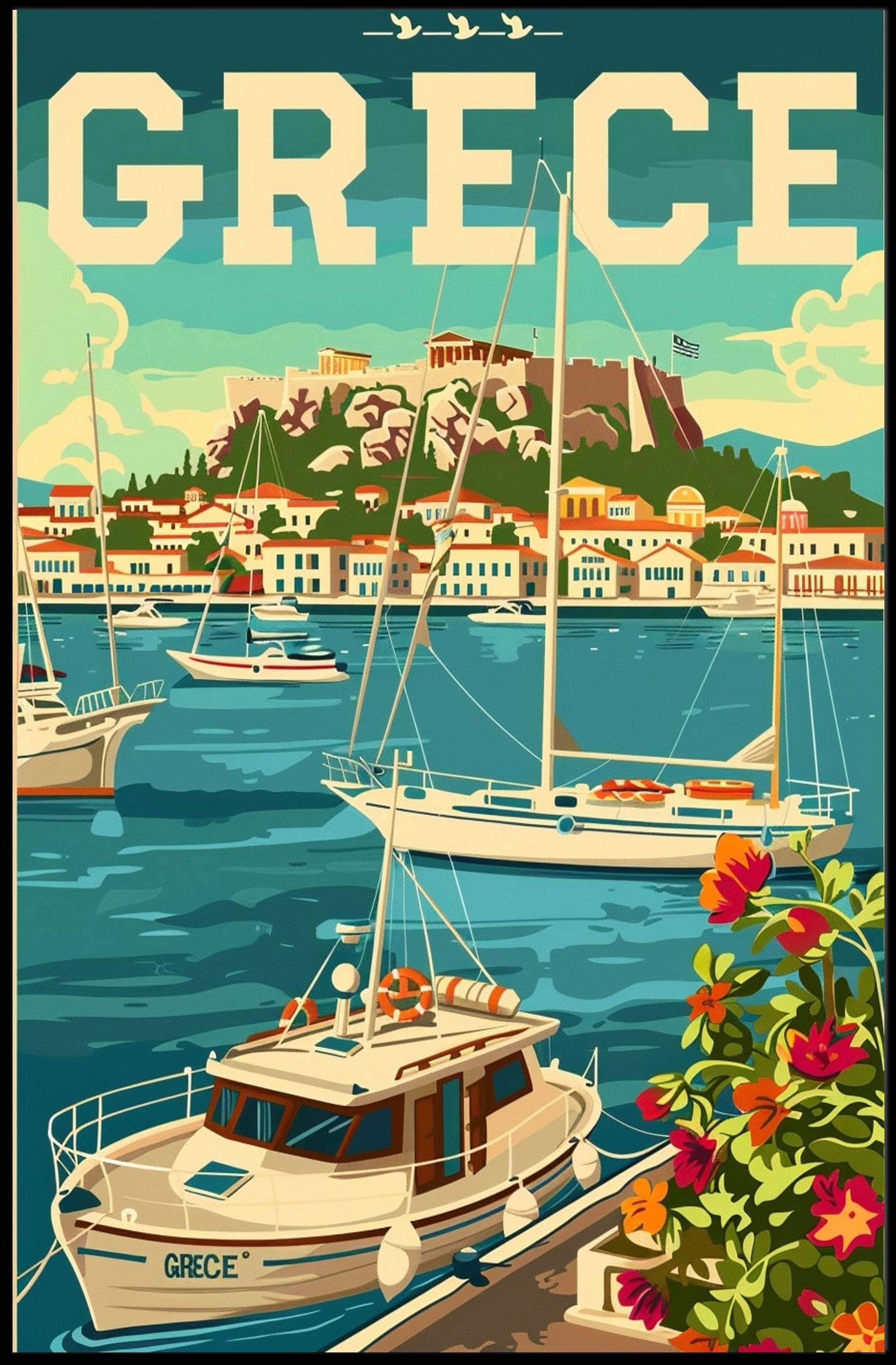 Picturesque Harbor in Greece Vintage Travel Poster PosterGoat
