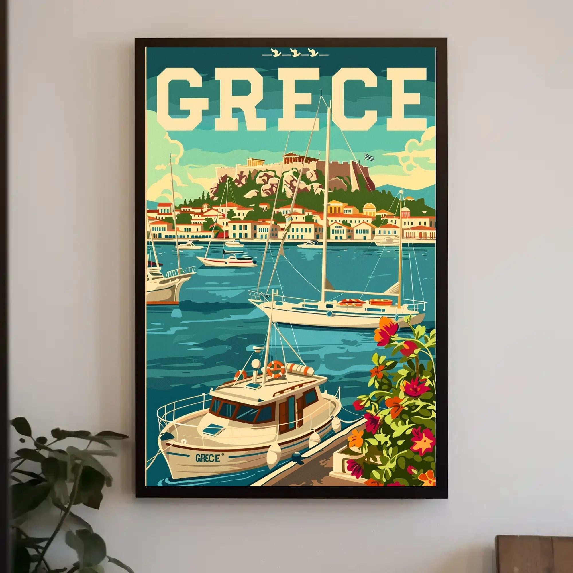 Picturesque Harbor in Greece Vintage Travel Poster PosterGoat