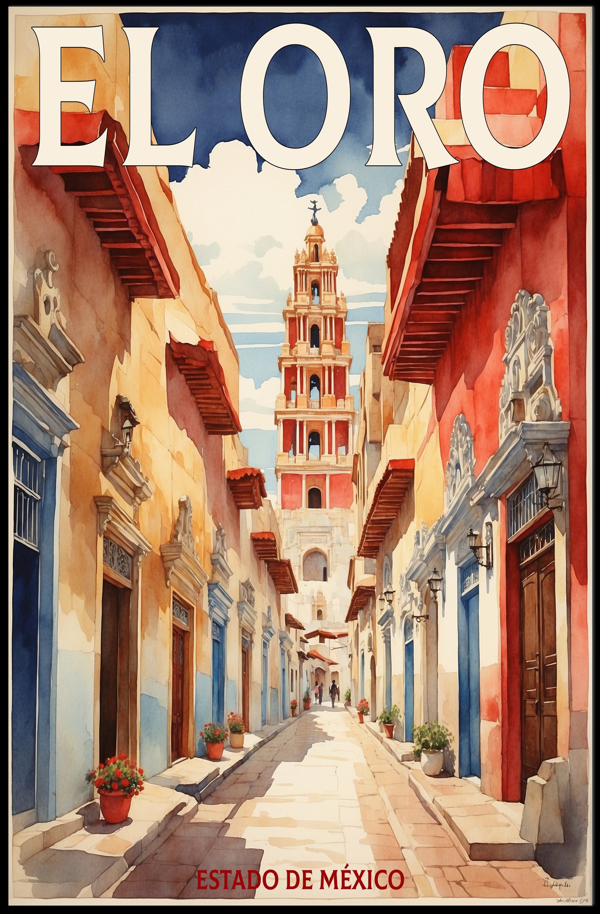 Picturesque Mexican Town Watercolor Travel Poster PosterGoat