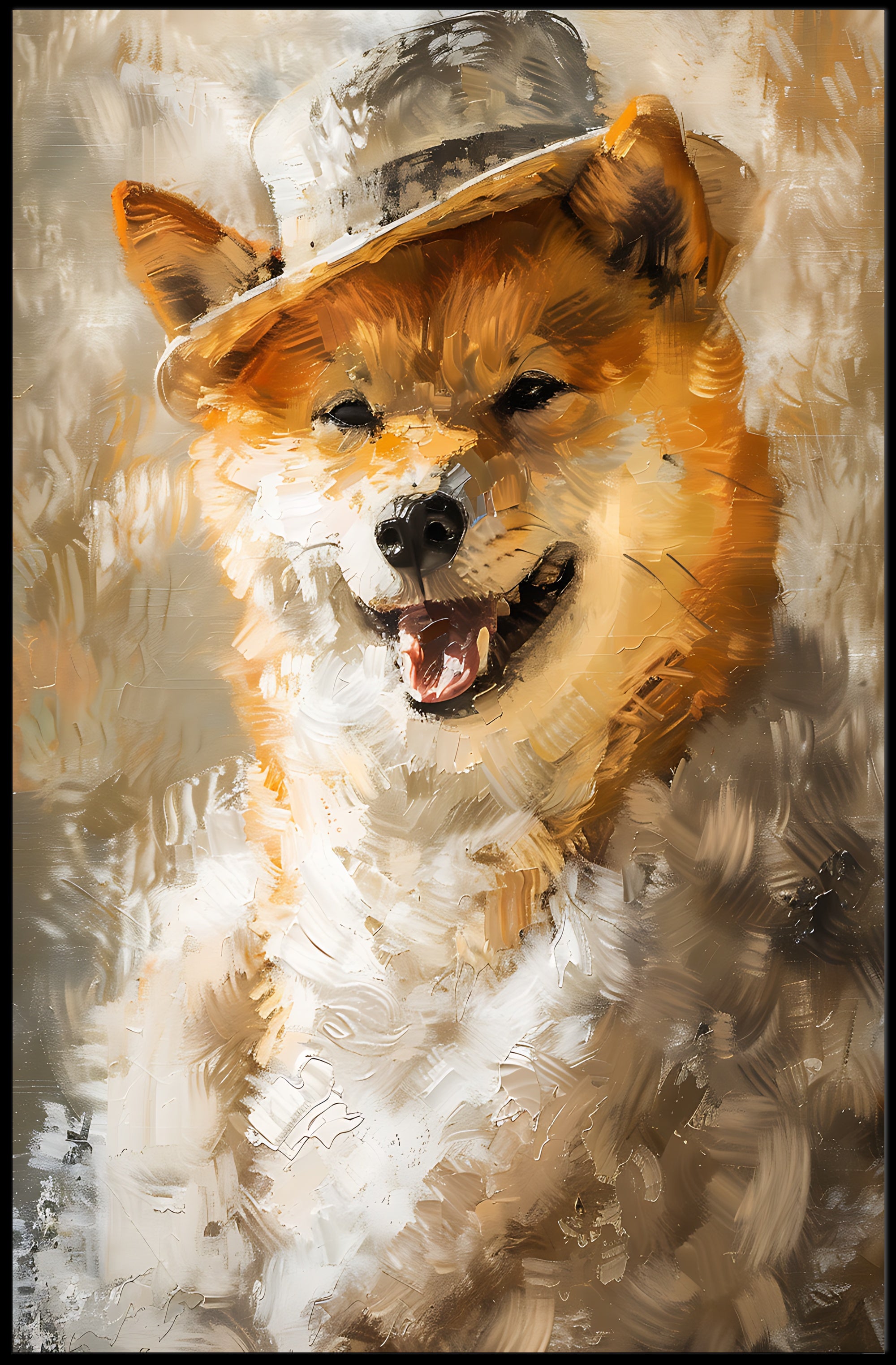 Playful Dog in Hat Artistic Poster PosterGoat
