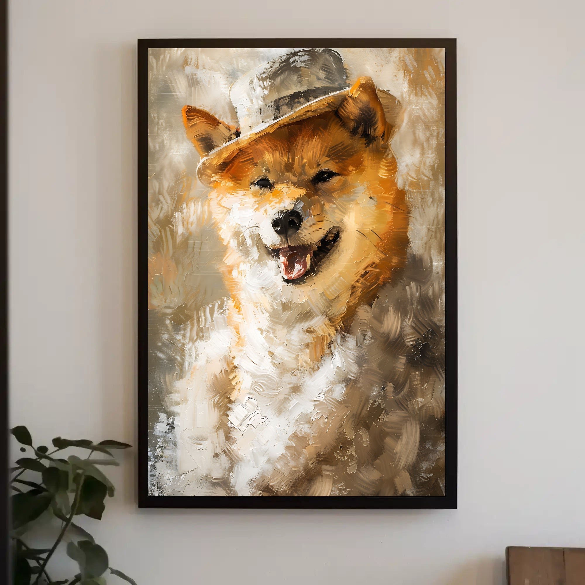 Playful Dog in Hat Artistic Poster PosterGoat
