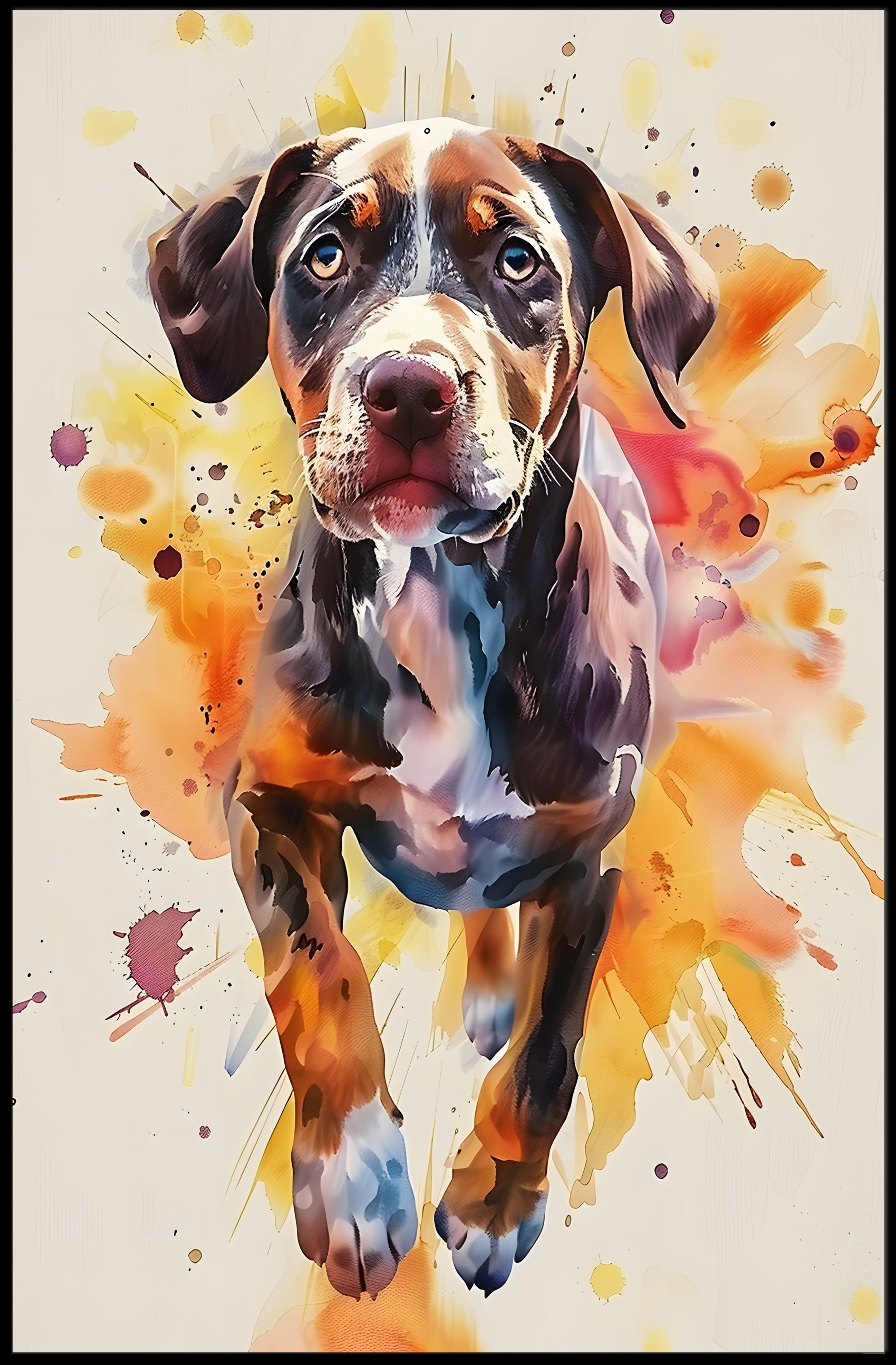Playful Puppy in Vibrant Watercolor Animal Poster PosterGoat