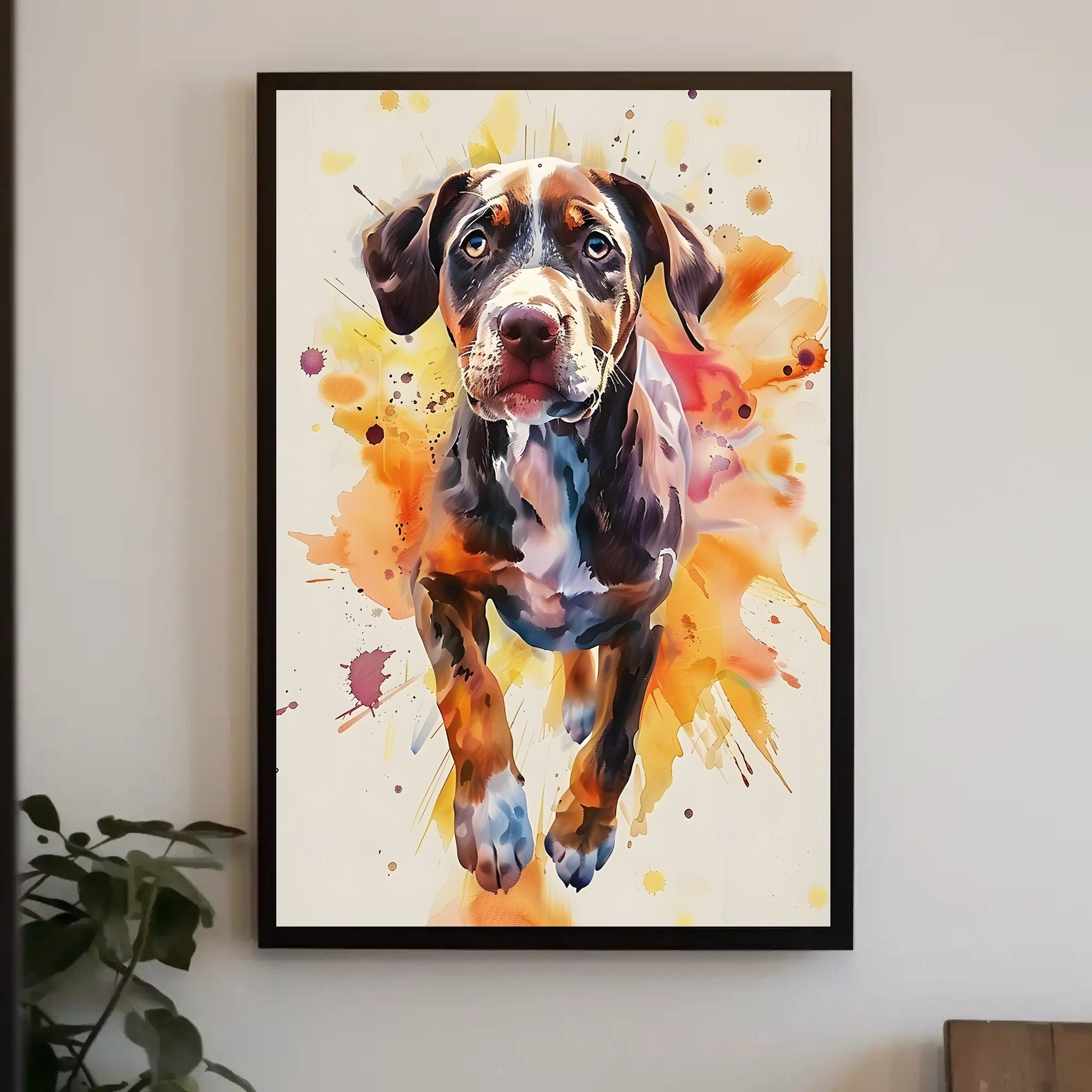 Playful Puppy in Vibrant Watercolor Animal Poster PosterGoat