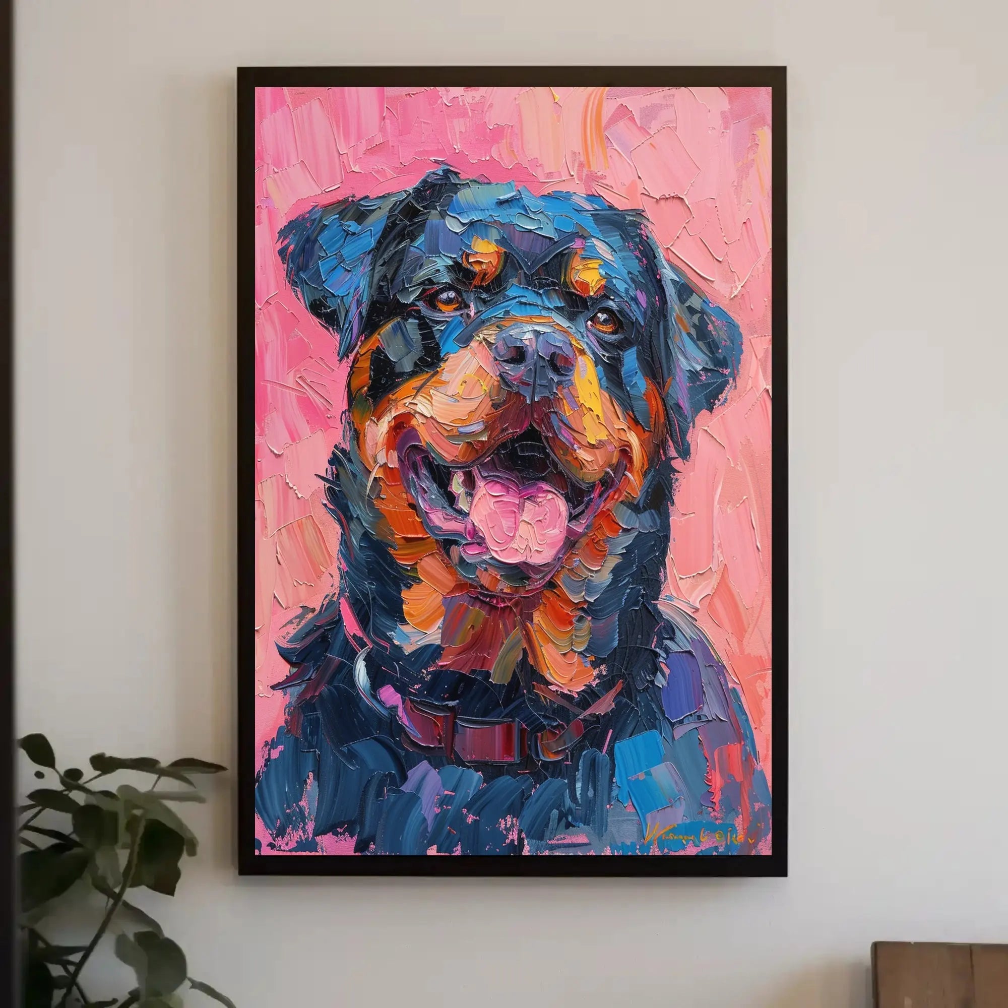 Playful Rottweiler Portrait in Vibrant Colors Animal Poster PosterGoat