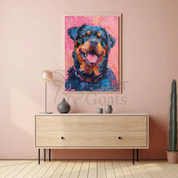 Playful Rottweiler Portrait in Vibrant Colors Animal Poster PosterGoat
