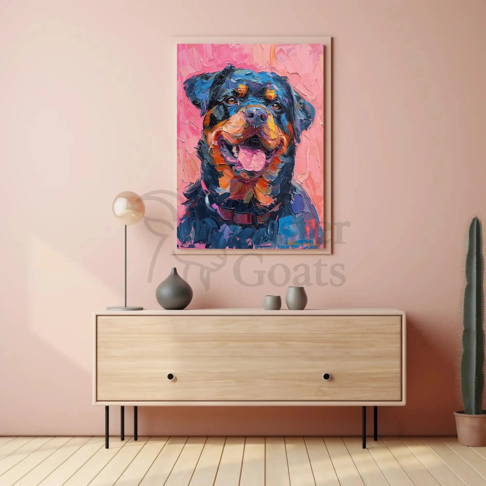 Playful Rottweiler Portrait in Vibrant Colors Animal Poster PosterGoat