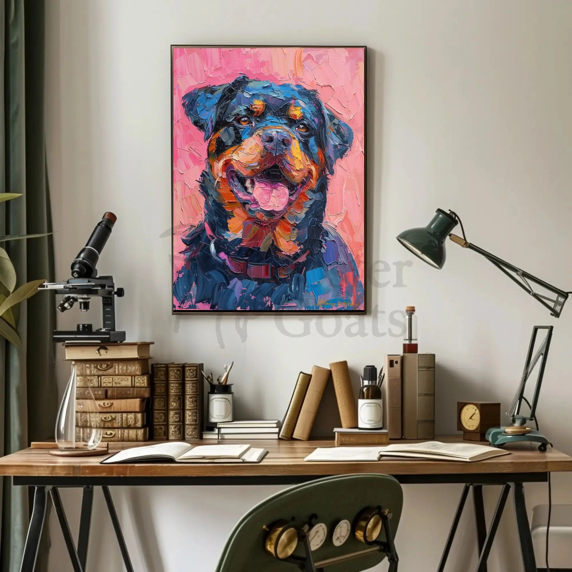 Playful Rottweiler Portrait in Vibrant Colors Animal Poster PosterGoat