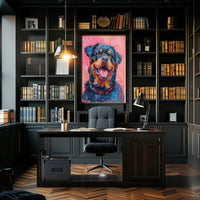 Playful Rottweiler Portrait in Vibrant Colors Animal Poster PosterGoat
