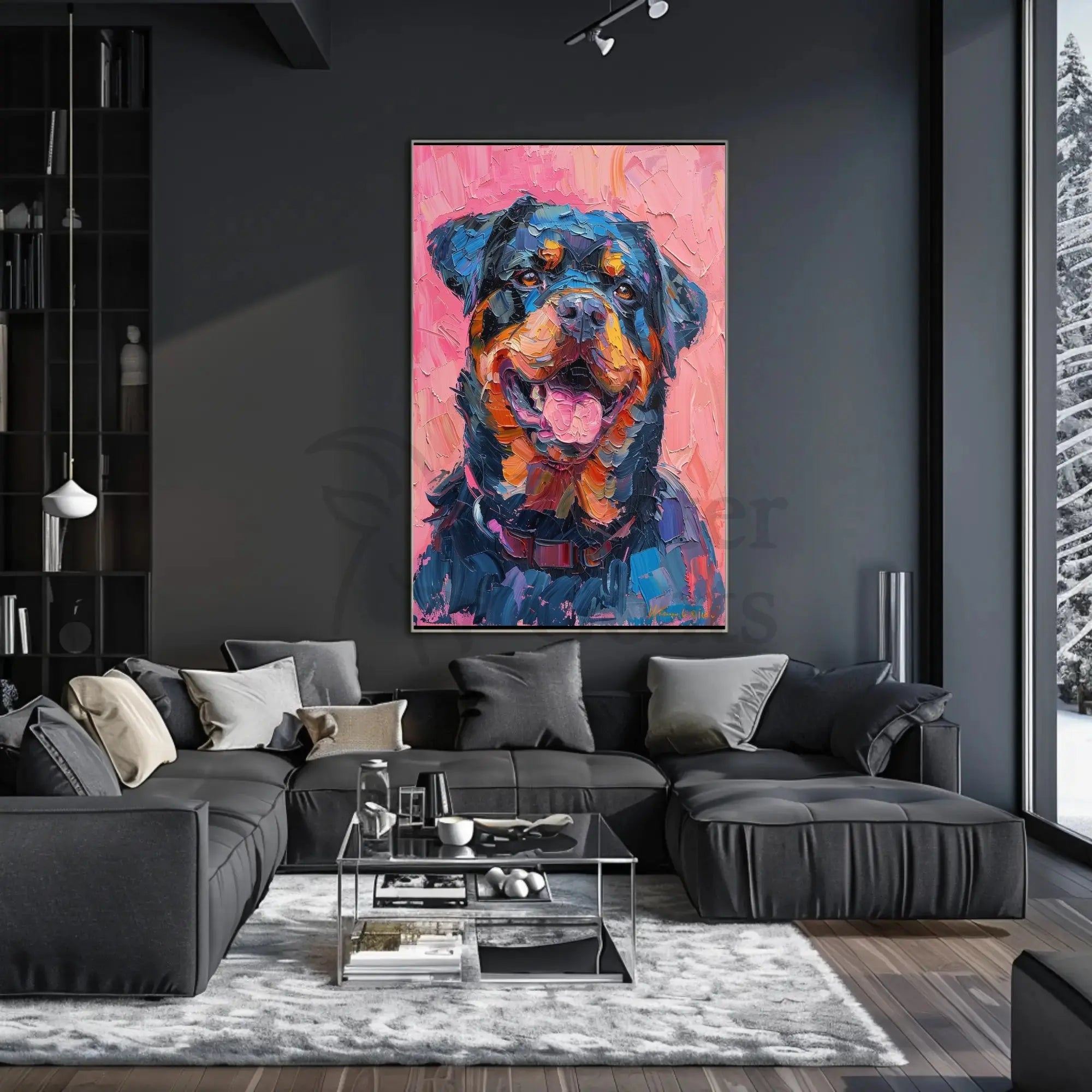 Playful Rottweiler Portrait in Vibrant Colors Animal Poster PosterGoat